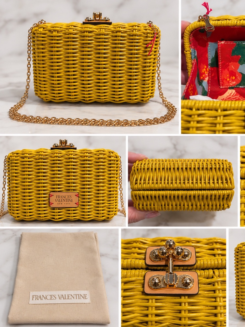 Frances Valentine Paige Box Clutch – Yellow Canary Wicker Handbag NWT